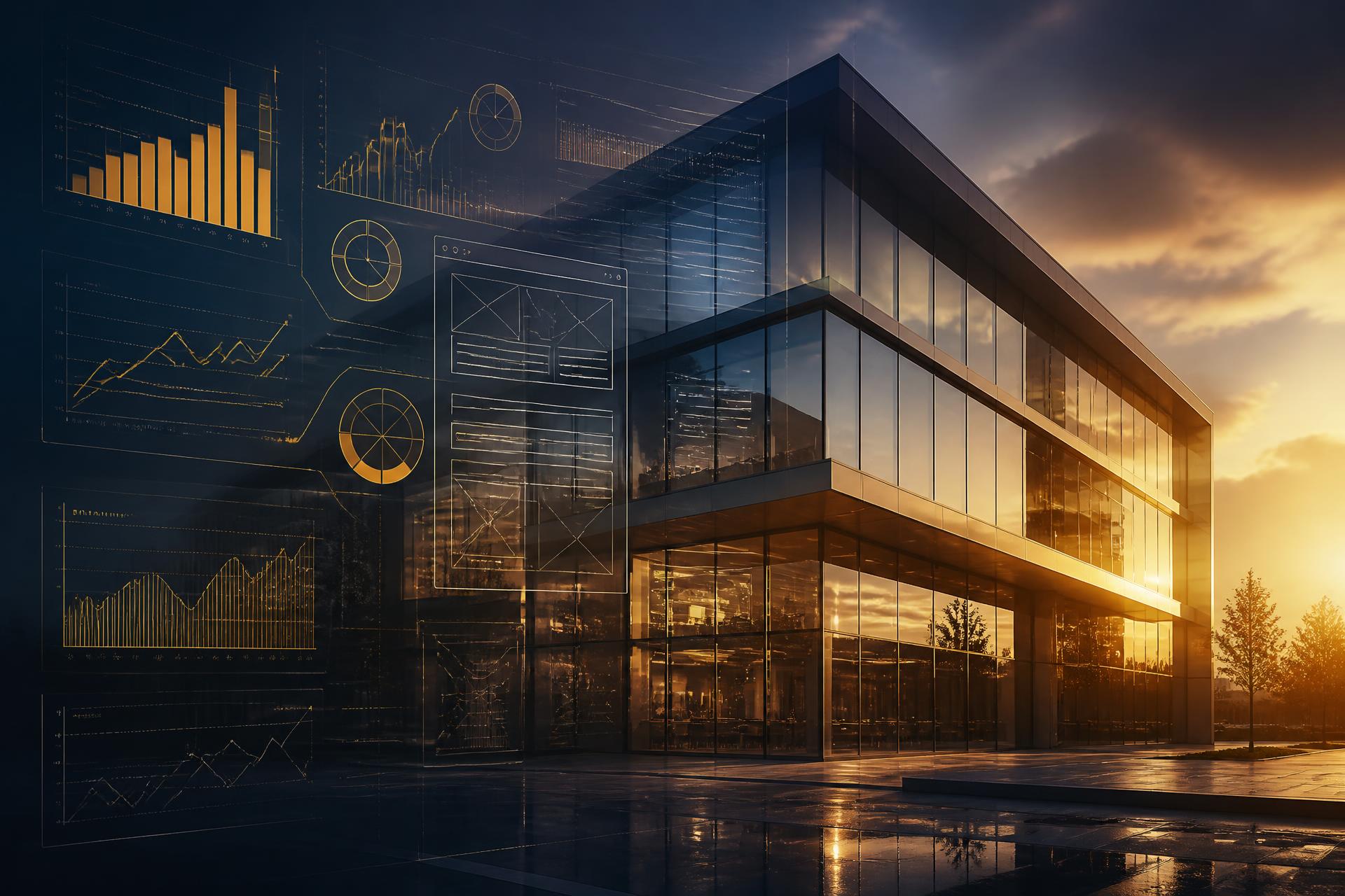 Modern commercial building blended with website analytics dashboards